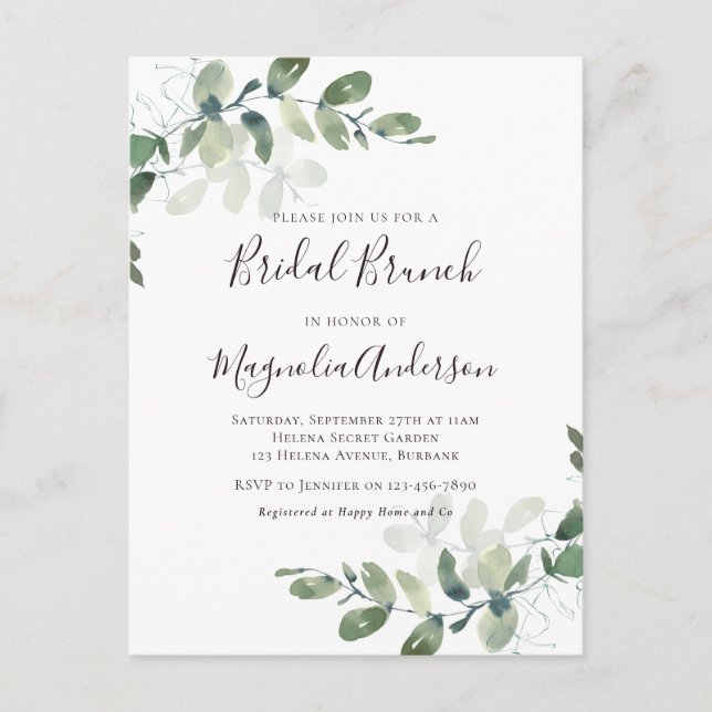 Elegant Eucalyptus Bridal Brunch Einladung Postca Postkarte (Vorderseite)