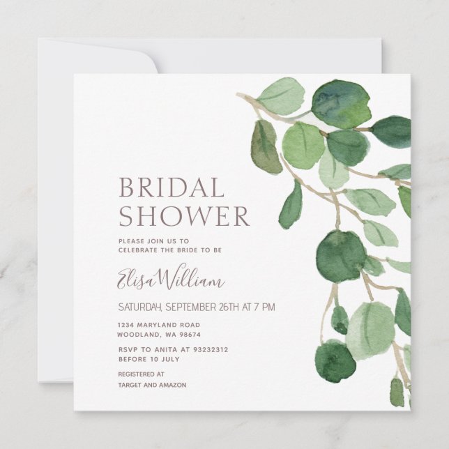 Elegant Eucalyptus Bridal Dusche Einladung (Vorderseite)