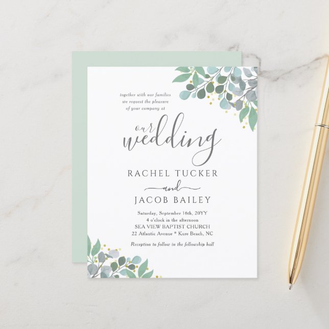 Elegant Eucalyptus Dusty Blue Wedding Einladung (Vorderseite/Rückseite Beispiel)