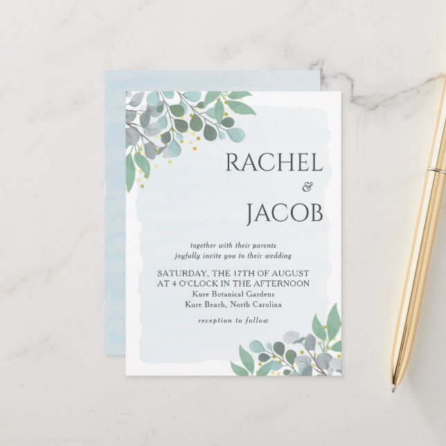 Elegant Eucalyptus Dusty Blue Wedding Einladung Postkarte (Vorderseite/Rückseite Beispiel)