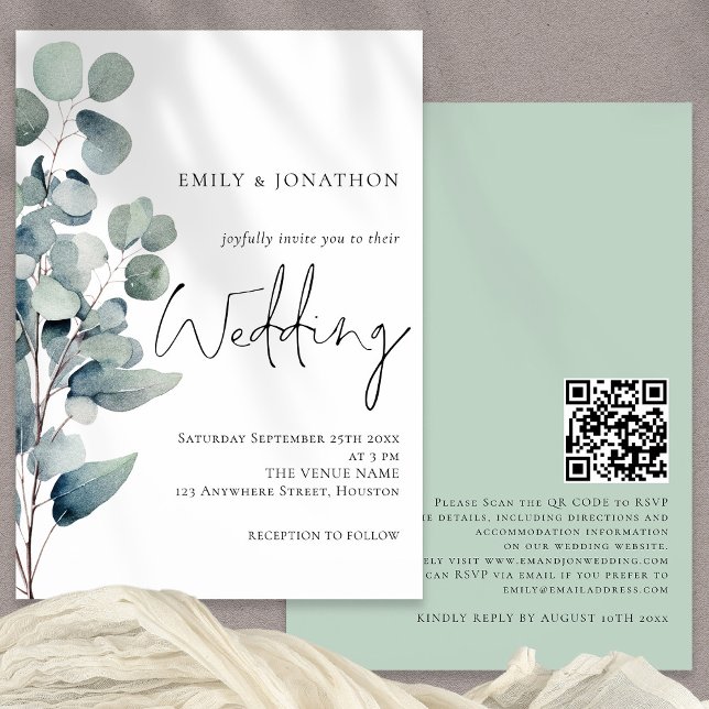 Elegant Eucalyptus Elegante Script Sage Wedding Einladung (Front and back view)