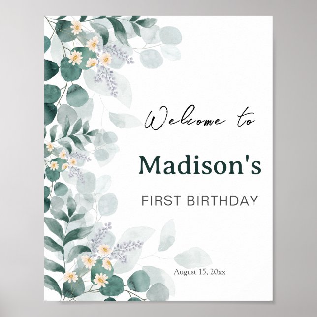 Elegant Eucalyptus First Birthday Welcome Poster (Vorne)