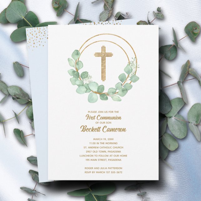 Elegant Eucalyptus First Communion Blue Einladung (Von Creator hochgeladen)
