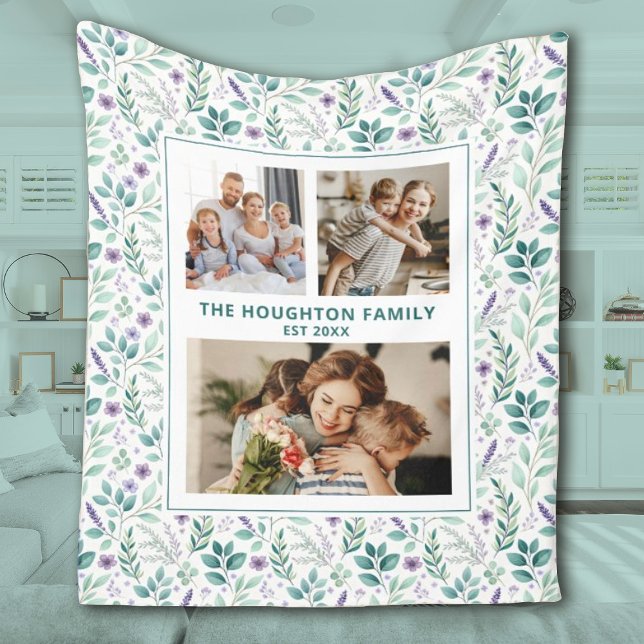 Elegant Eucalyptus Floral Family Photo Collage Fleecedecke (Pretty family photo blanket with a eucalyptus floral background. Personalize it with 3 photos & name)