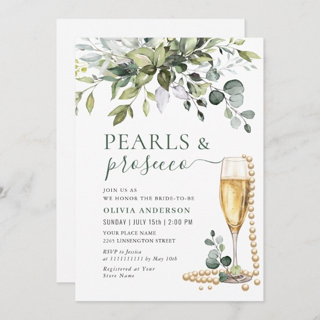 Elegant Eucalyptus Floral PEARLS & Prosecco Einladung (Vorne/Hinten)