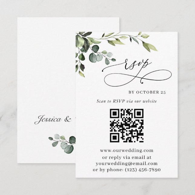 Elegant Eucalyptus Floral Wedding QR Code RSVP Karte (Vorne/Hinten)