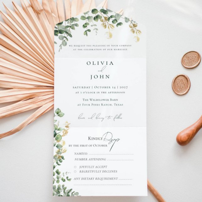 Elegant Eucalyptus Foliage Gold Green Wedding  All In One Einladung (Elegant Eucalyptus Foliage Gold Green Wedding All In One Invitation)