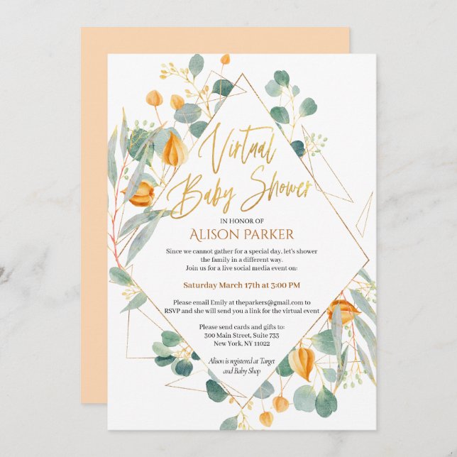 Elegant Eucalyptus Geometric Virtual Baby Shower Einladung (Vorne/Hinten)