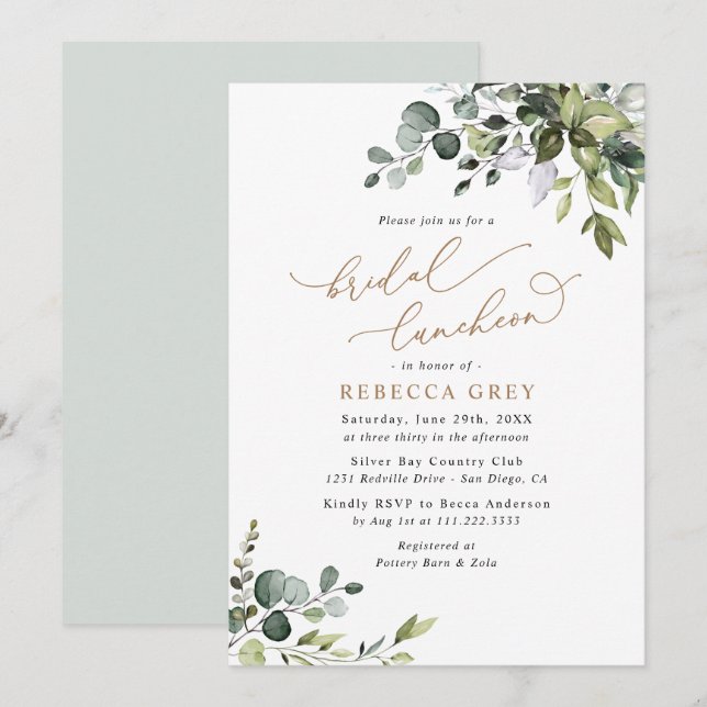 Elegant Eucalyptus Gold Greenery Bridal Luncheon Einladung (Vorne/Hinten)