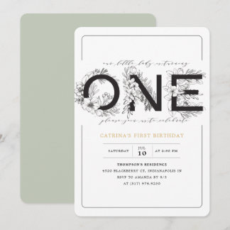 Elegant Eucalyptus Green Floral Girl 1. Geburtstag Einladung