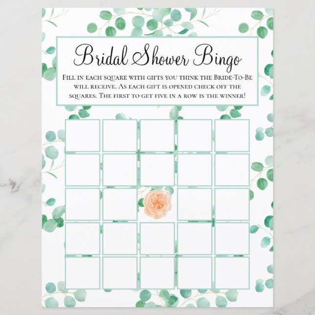 Elegant Eucalyptus Green Peach Floral Bridal Bingo (Vorderseite)