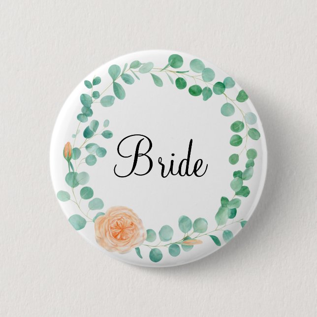 Elegant Eucalyptus Green Peach Floral Bride Button (Vorderseite)