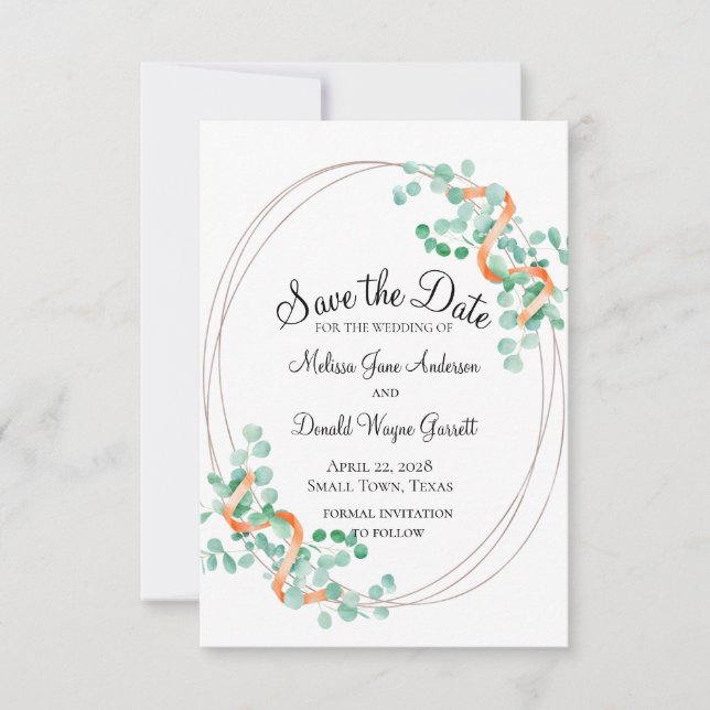 Elegant Eucalyptus Green Peach Floral Save The Date (Vorderseite)