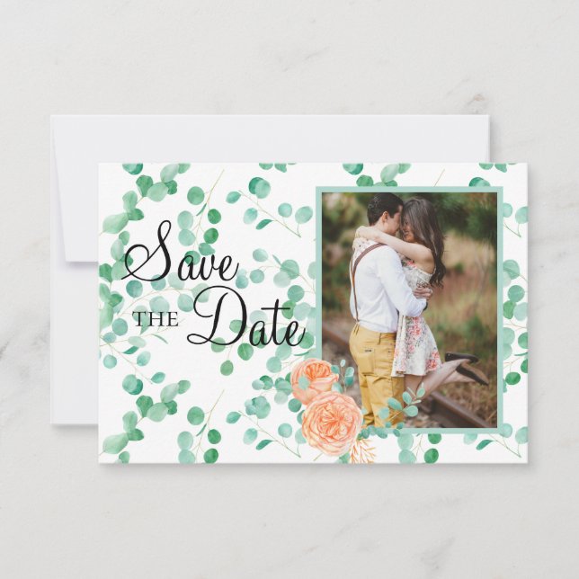 Elegant Eucalyptus Green Peach Floral Save The Date (Vorderseite)