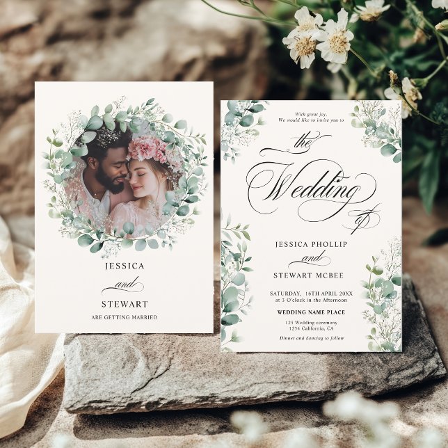 Elegant Eucalyptus Greenerenery Script Foto Weddin Einladung (Elegant Eucalyptus Greenery Script photo Wedding Invitation)