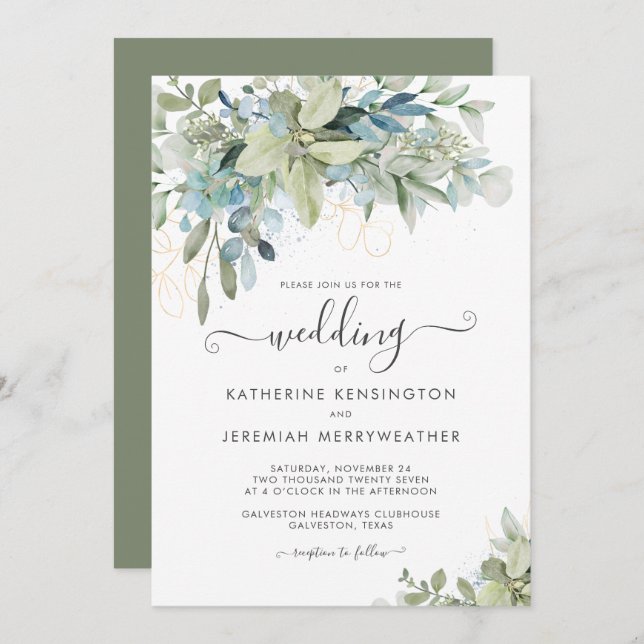 Elegant Eucalyptus Greenerenery Script Wedding Einladung (Vorne/Hinten)