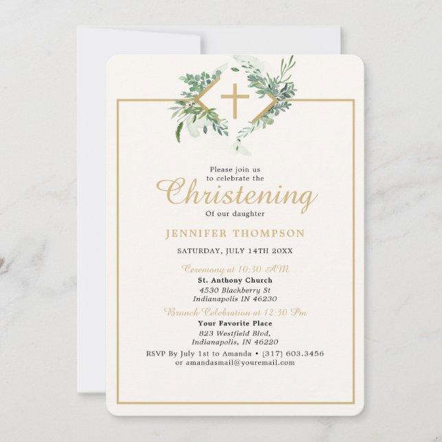 Elegant Eucalyptus Greenerity Gold Christening Einladung (Vorderseite)