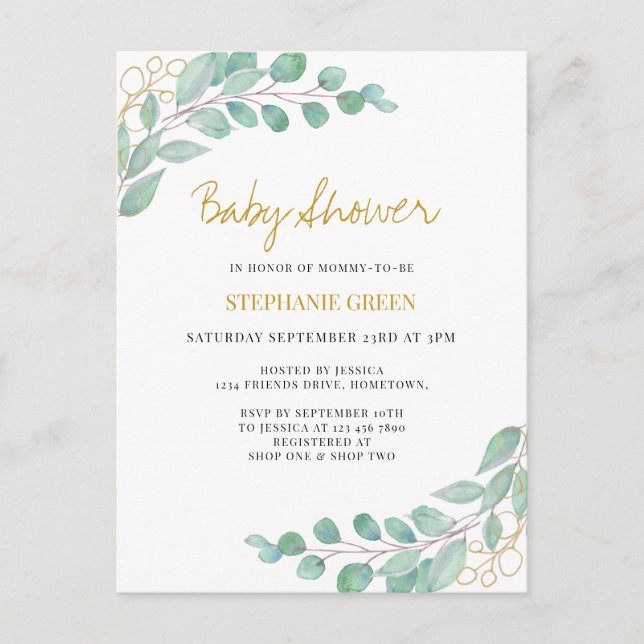 Elegant Eucalyptus Greenery Baby Shower Einladungspostkarte (Vorderseite)