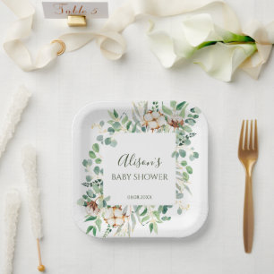 Elegant Eucalyptus Greenery Baby Shower Square Pappteller