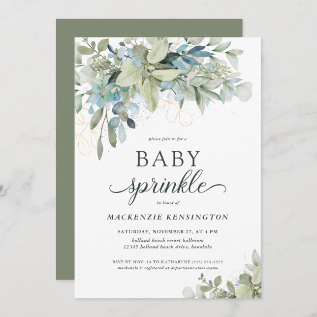 Elegant Eucalyptus Greenery Baby Sprinkle Einladung (Vorne/Hinten)