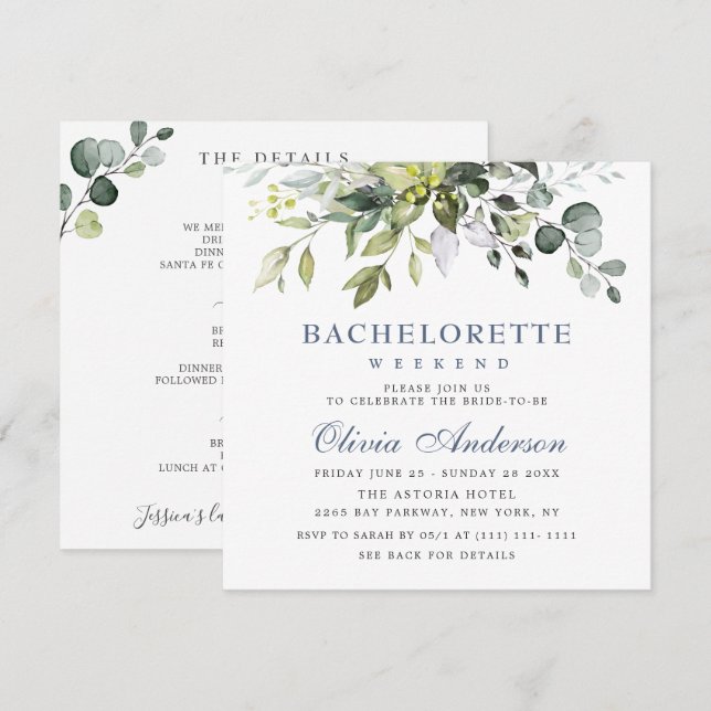Elegant Eucalyptus Greenery Bachelorette Weekend Einladung (Vorne/Hinten)