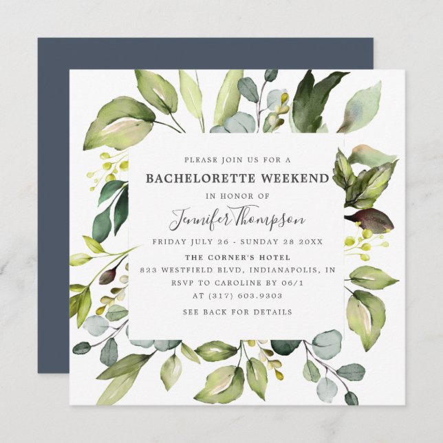 Elegant Eucalyptus Greenery Bachelorette Weekend Einladung (Vorne/Hinten)