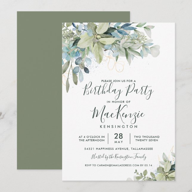 Elegant Eucalyptus Greenery Birthday Party Einladung (Vorne/Hinten)