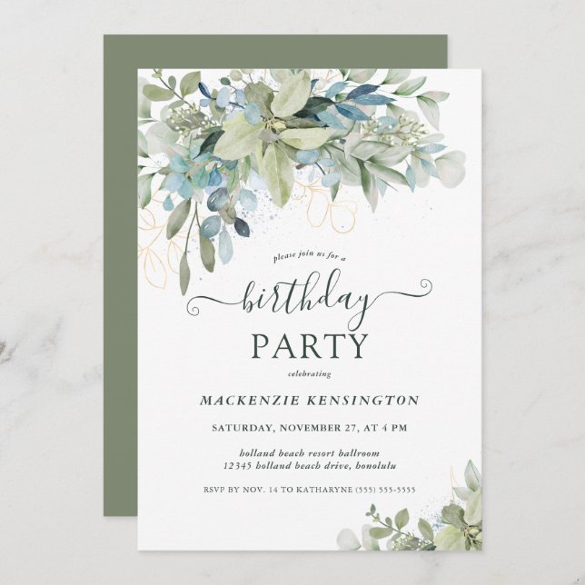 Elegant Eucalyptus Greenery Birthday Party Einladung (Vorne/Hinten)
