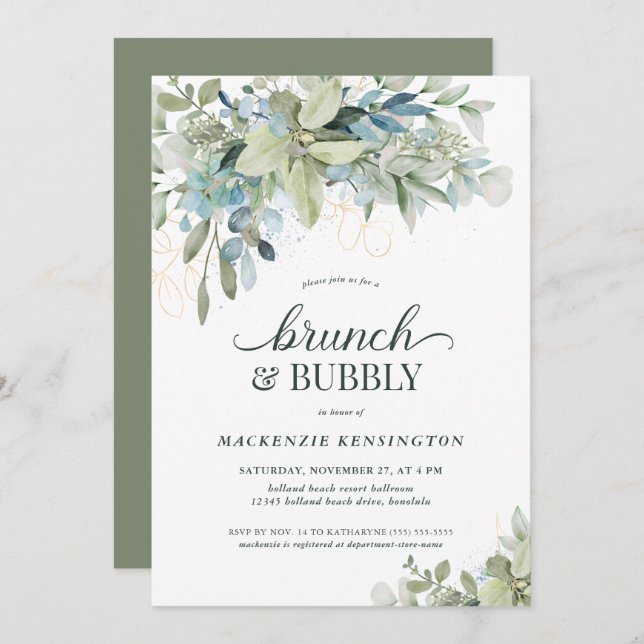 Elegant Eucalyptus Greenery Brunch Bubbly Einladung (Vorne/Hinten)