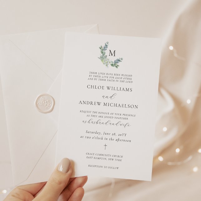 Elegant Eucalyptus Greenery Christian Wedding Einladung (Christian wedding invitation with monogram and greenery)