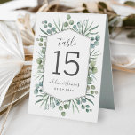 Elegant Eucalyptus Greenery Geometric Wedding Tischaufsteller<br><div class="desc">Elegante Hochzeitskarten zeichnen sich durch einen modernen Bio Stil aus, der einen geometrischen Hexagon-Rahmen mit botanischem Grün und einer schönen Typografie kombiniert. Die Aquarellanlage umfasst Eukalyptuszweige, Blätter und Eukalyptuszweige in sanften grünen Frühlings- und Sommerschattierungen in den Farben Minze, Grün, Oliven und Blau. Der schwarze Text kann mit einem Monogramm des...</div>