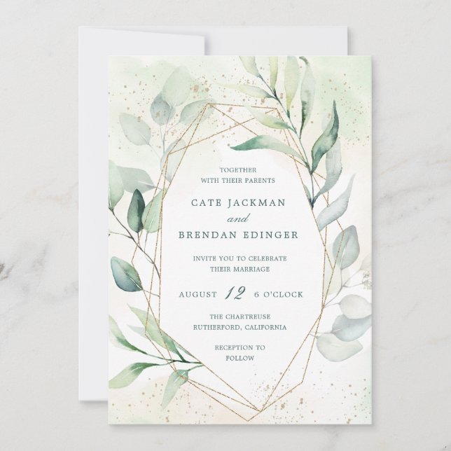 Elegant Eucalyptus Greenery Gold Geometric Wedding Einladung (Vorderseite)