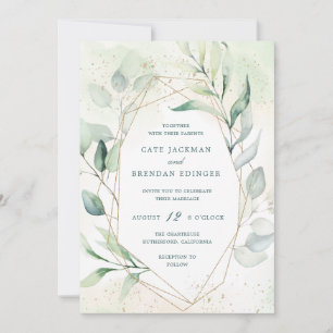 Elegant Eucalyptus Greenery Gold Geometric Wedding Einladung