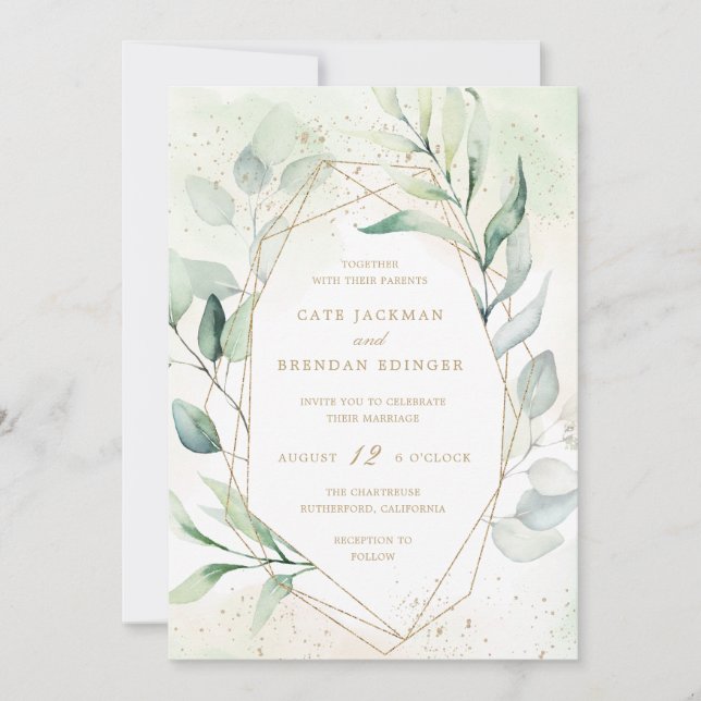Elegant Eucalyptus Greenery Gold Geometric Wedding Einladung (Vorderseite)