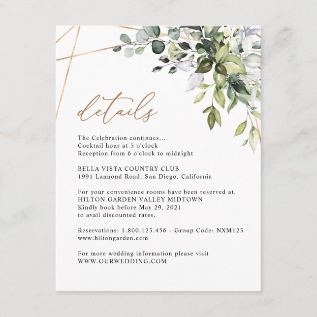 Elegant Eucalyptus Greenery Gold Info Details Begleitkarte (Vorderseite)
