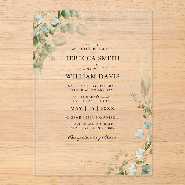 Elegant Eucalyptus Greenery Wedding Acryleinladungen (Vorderseite)