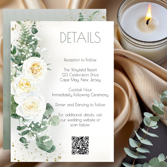 Elegant Eucalyptus Greenery Wedding Details Card Einladung (Elegant eucalyptus greenery wedding details card with white roses and botanical design)