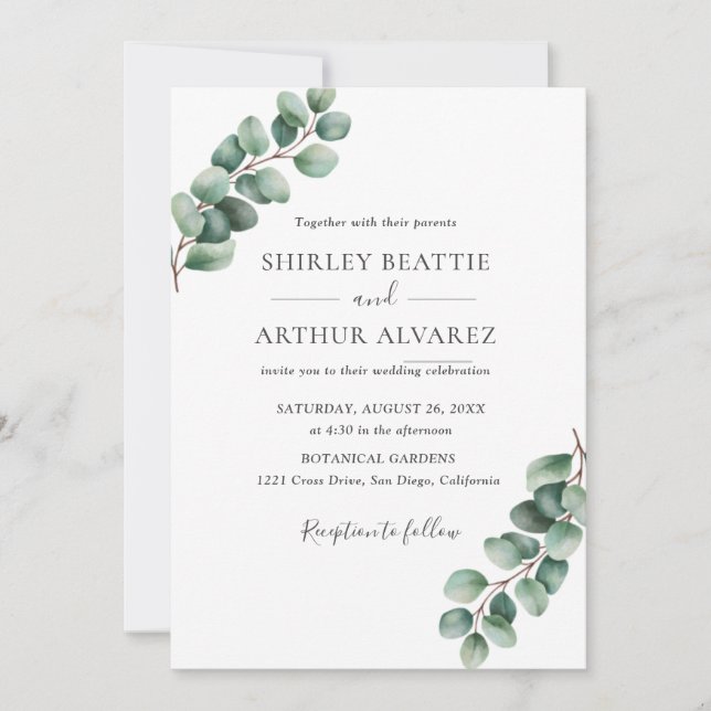 Elegant Eucalyptus Greenery Wedding Einladung (Vorderseite)