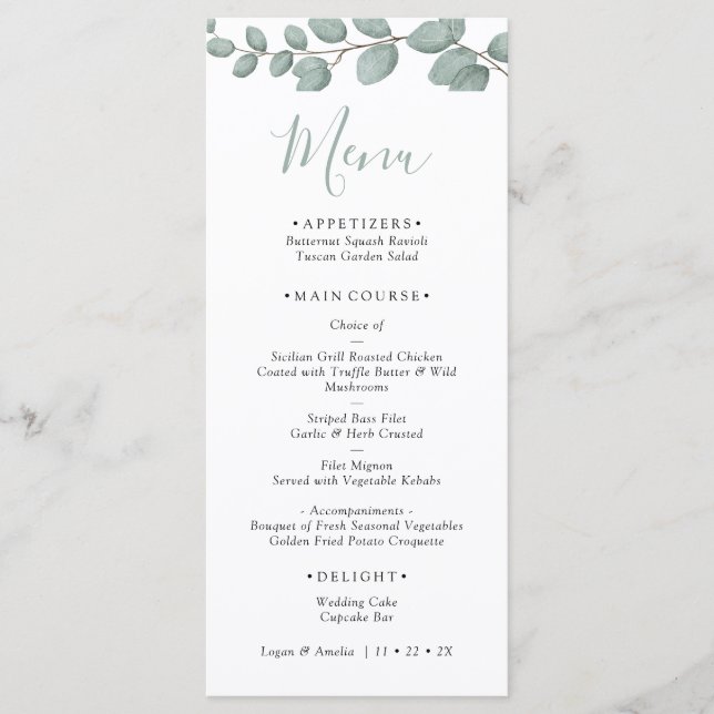 Elegant Eucalyptus Greenery Wedding Menu Card Menükarte (Vorderseite)