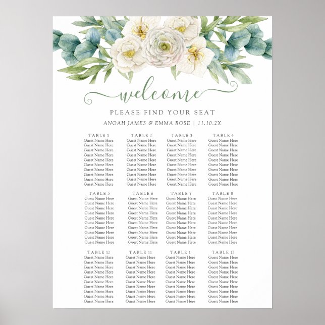 Elegant Eucalyptus Greenery Wedding Seating Chart Poster (Vorne)