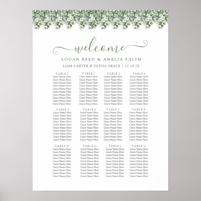 Elegant Eucalyptus Greenery Wedding Seating Chart Poster (Vorne)