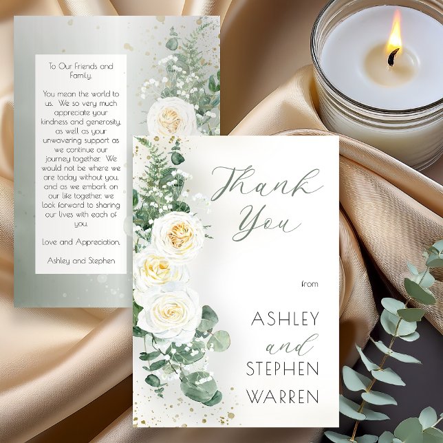 Elegant Eucalyptus Greenery Wedding Thank You Card Dankeskarte (Elegant eucalyptus greenery wedding thank you card with white roses and gold accents)