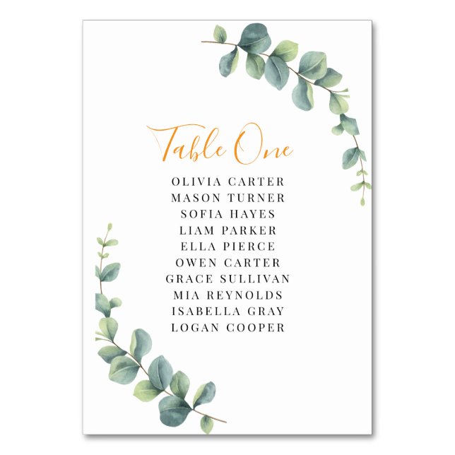 Elegant Eucalyptus Greenery Wedding Tischnummer (Vorderseite)