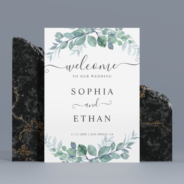 Elegant  Eucalyptus Greenery Wedding Welcome Sign Poster (Elegant Eucalyptus Greenery Wedding Welcome Sign)