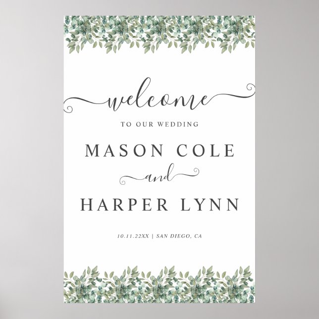 Elegant  Eucalyptus Greenery Wedding Welcome sign Poster (Vorne)
