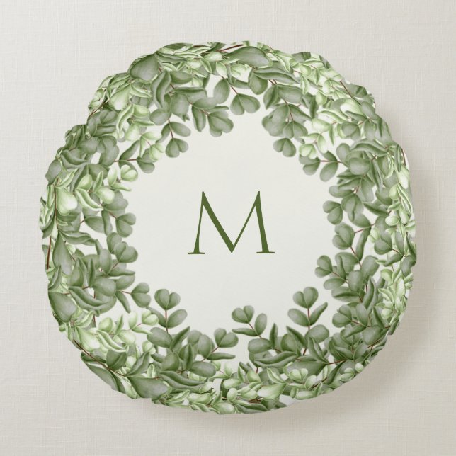 Elegant Eucalyptus Greenery Wreath Green Ivory Rundes Kissen (Vorderseite)