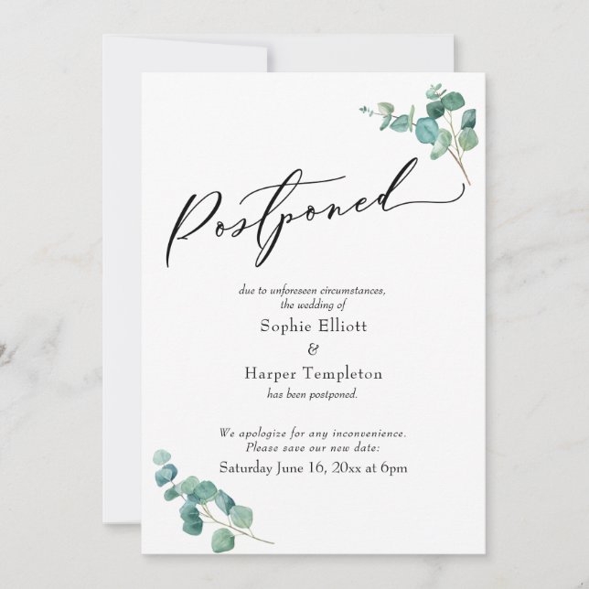 Elegant Eucalyptus Hinausgezögerte Hochzeitsankünd Einladung (Vorderseite)