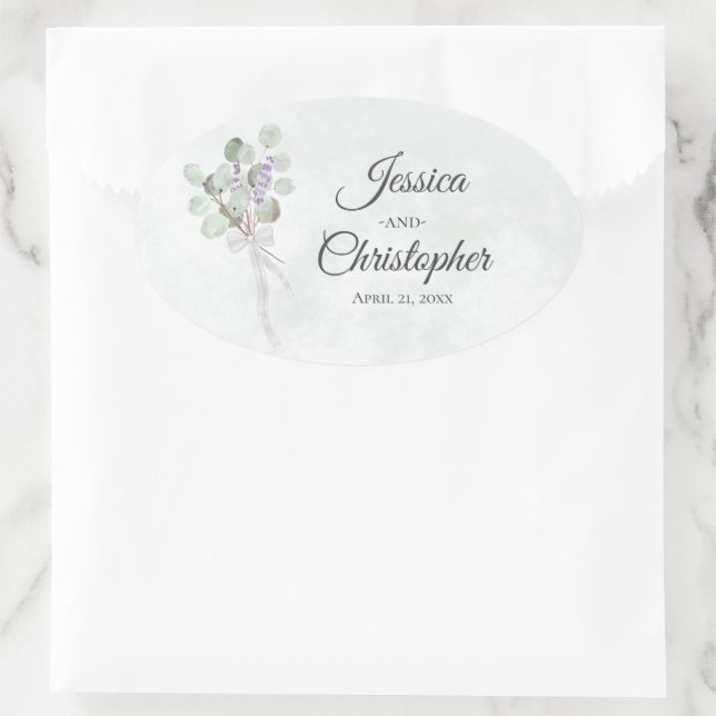 Elegant Eucalyptus & Lavender Bouquet Wedding Ovaler Aufkleber (Tasche)