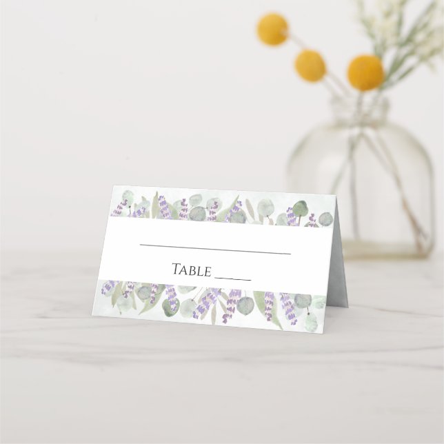 Elegant Eucalyptus & Lavender Rustic Boho Wedding Platzkarte (Vorderseite)