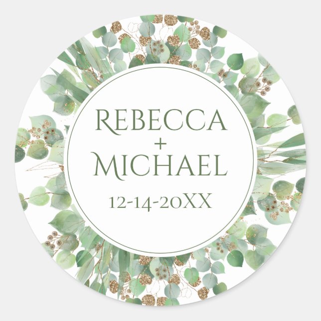 Elegant Eucalyptus Leaf Greenerity Wedding Runder Aufkleber (Vorderseite)